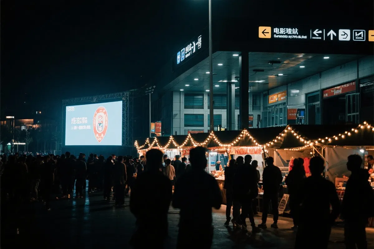 费城球迷广场夜景：大屏观赛人群、步行指示牌与公共交通入口